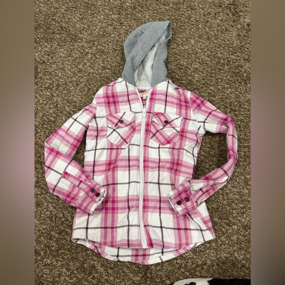 Pink and White Plaid Hoodie Shirt